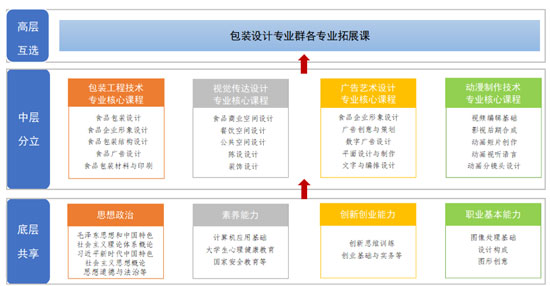 圖8-2 包裝設(shè)計專業(yè)群“底層共享、中層分立、高層互選”課程體系結(jié)構(gòu)圖.png